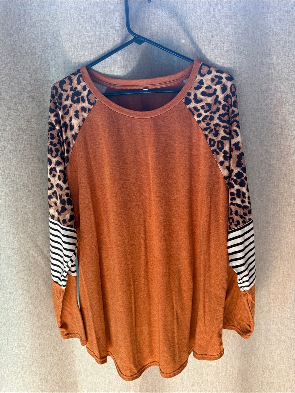 Women’s Rust Long Sleeve Raglan Top with Leopard and Stripe Sleeves